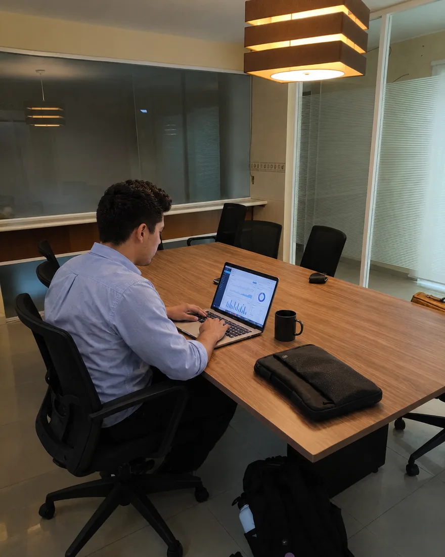 André Filippo, cofundador de Funnel Go, trabajando en la oficina frente a una laptop con un tablero de resultados