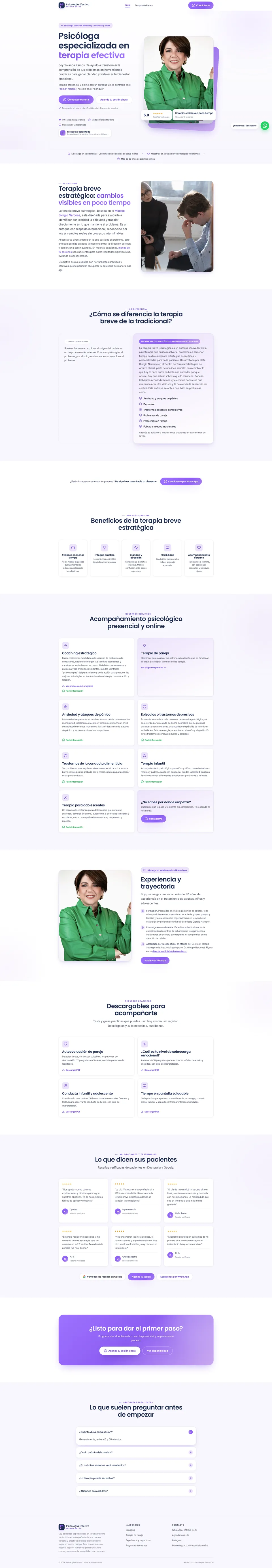 Página de inicio completa del sitio de Psicología Efectiva: presentación de la Mtra. Yolanda, en qué consiste la terapia breve, servicios, trayectoria, opiniones de pacientes y preguntas frecuentes